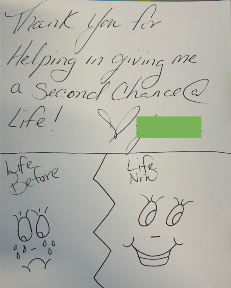 Thank you for helping in giving me a second chance at life. My life before (sad face) my life after (happy face)